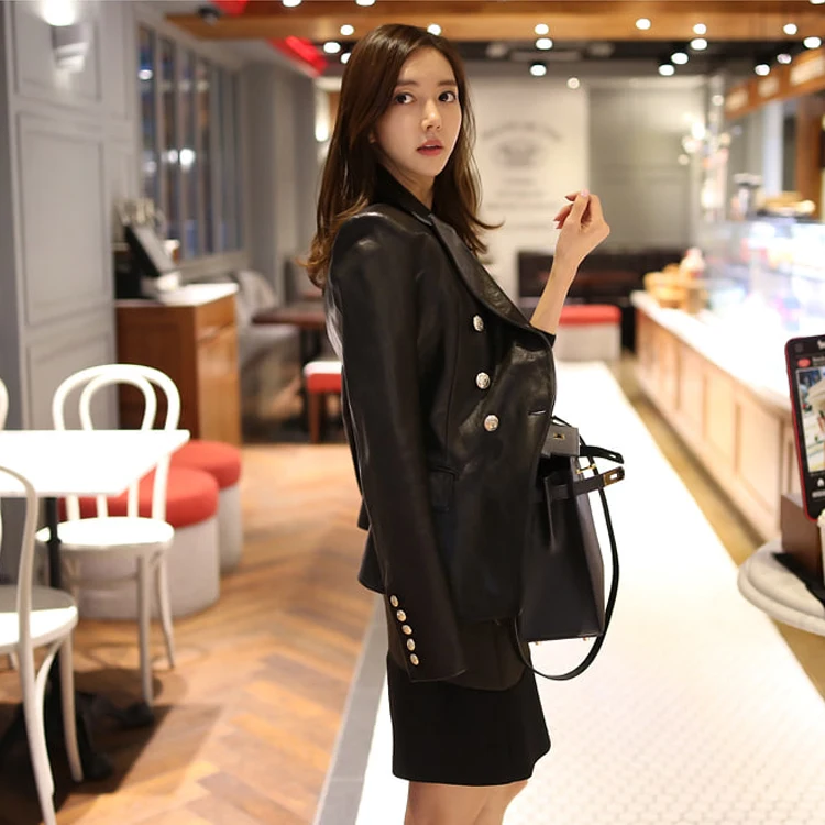 2020 New Fashion Women Spring  Autumn Black Faux Leather Jackets Buttons Basic Coat Turn-down Collar Biker Jacket  C9D206M