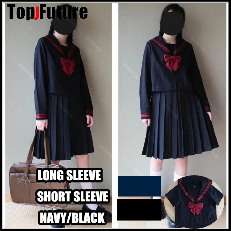 Zwart Navy Sailor Uniform Novelty School Meisje Uniformen Top Slechte Student Cosplay Suits Korte Lange Mouwen Tops Geplooide Lange Rok