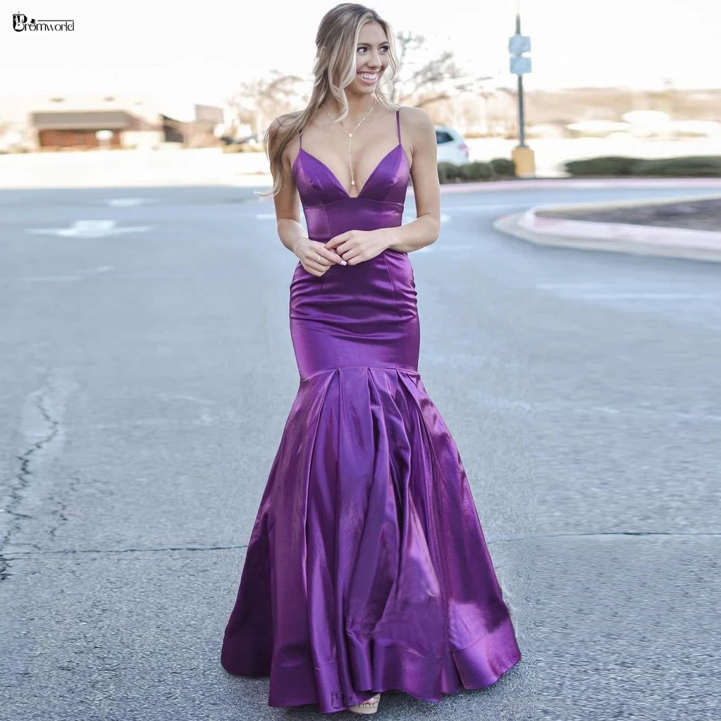 

Purple V-Neck Spaghetti Straps Mermaid Prom Dresses With Ruffle Open Back Vestidos De Gala Sexy Evening Gown Formal Party Dress