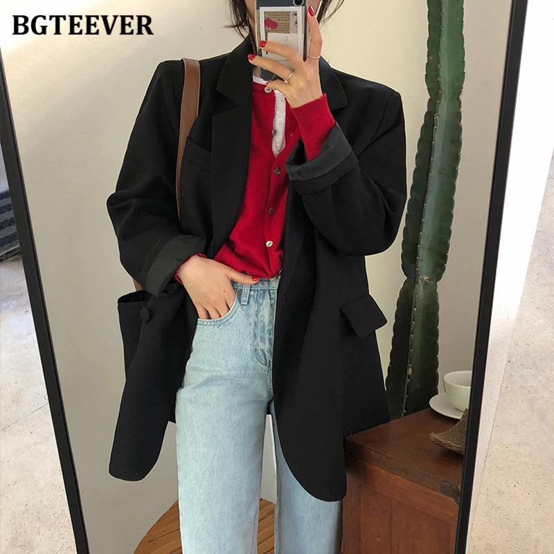 BGTEEVER Chic Loose Light Green Jacket Women Blazer Autumn One Button Female Suit Jacket Full Sleeve Outwear blaser femme