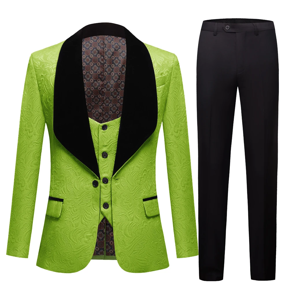 New Fashion Groom Apple Green Jacquard Men Suit Set Tuxedos Men\'s Wear Wedding Party Groomsman Suits 3PCS(Jacket+Pant+Vest)