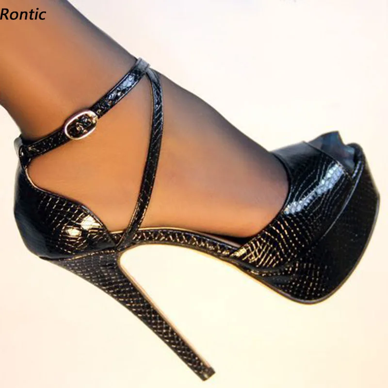 Rontic Handmade Women Platform Sandals Sexy Snake Pattern Strappy Stiletto Heels Peep Toe Elegant Black Party Shoes US Size 5-20