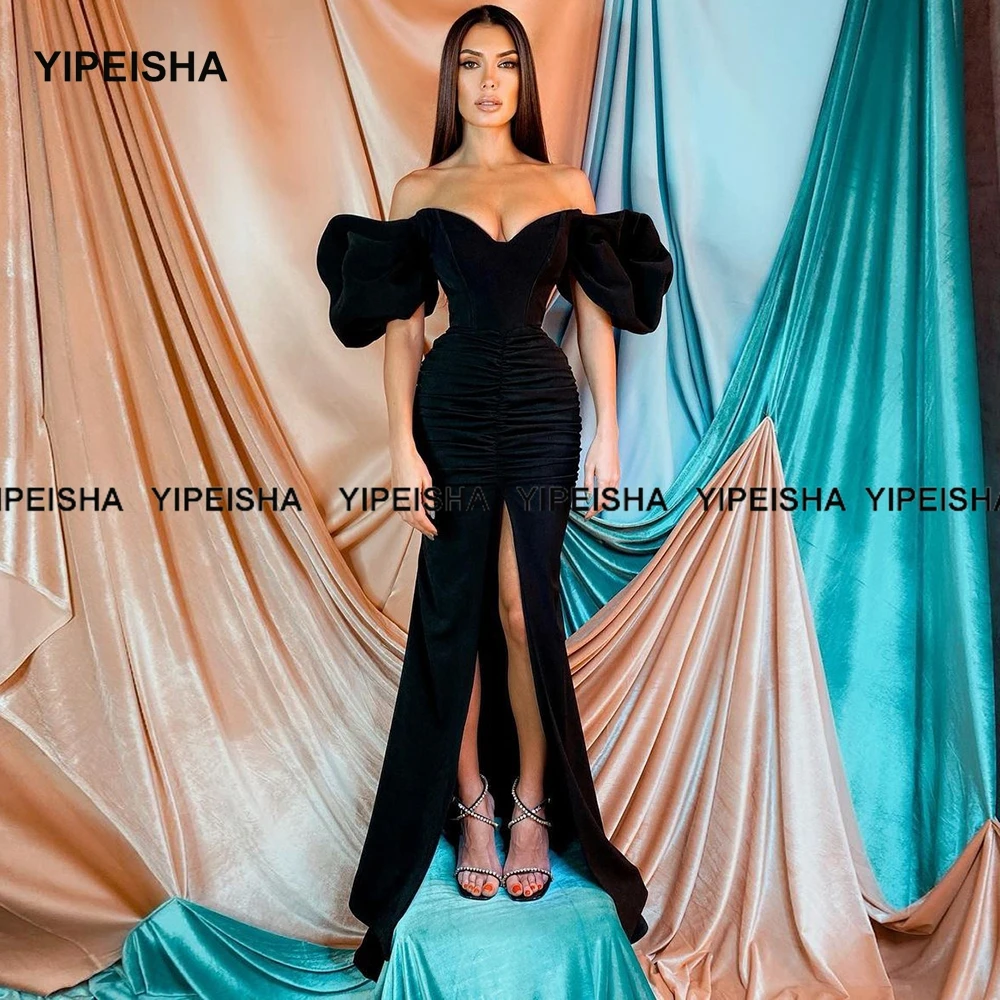 Yipeisha-Robe de soirée noire sexy à épaules dénudées, robe de Rhfendue sur le devant, longueur au sol, manches bouffantes, robe de soirée sirène