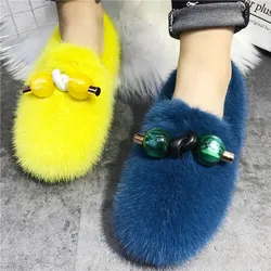 Mink Fur Women Casual Flats Winter Warm Outside Fur Shoes Moccasins Ladies Thick Sole Flat Shoes Espadrilles Driving Shoe