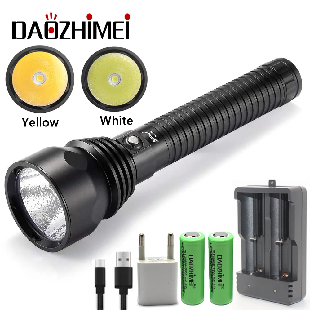 IPX8 Professional XHP70.2 LED Diving Torch Super Bright White/Yellow Light 200M Underwater Scuba Lamp dive Tactical flashlgiht