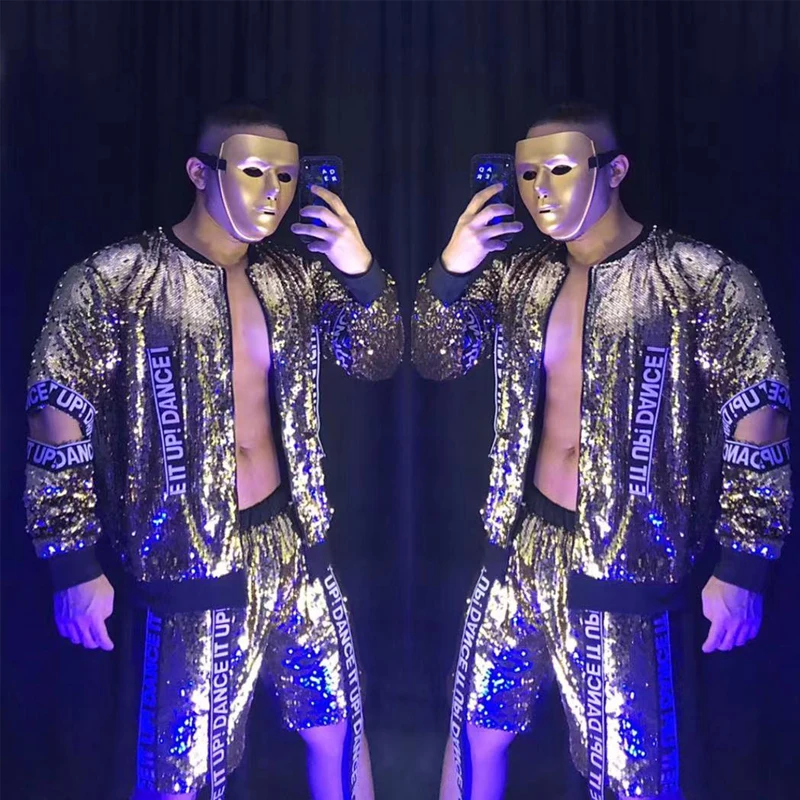 Male Singer Dj Jazz Costumes Gold Sequins Hollow Sleeves Jacket Shorts Gogo Dancer Wear Stage Rave Outfit Clubwear XS2670