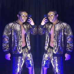 Male Singer Dj Jazz Costumes Gold Sequins Hollow Sleeves Jacket Shorts Gogo Dancer Wear Stage Rave Outfit Clubwear XS2670