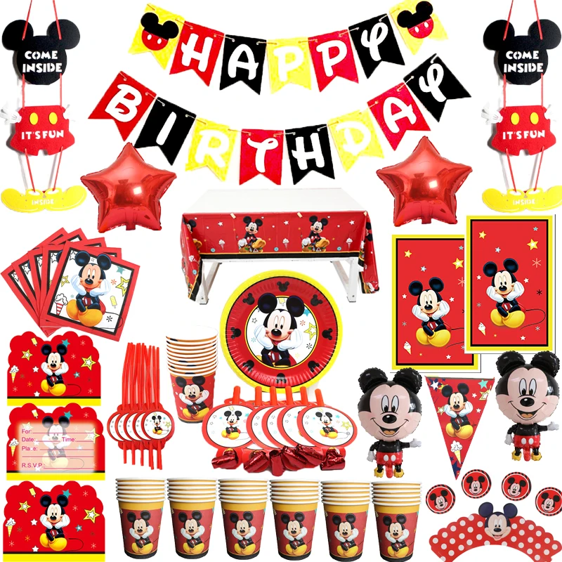 Cartoon Mickey Mouse Kids Celebration Birthday Party Decor Plate Napkins Cups Disney Disposable Tableware pennant Party Supplies