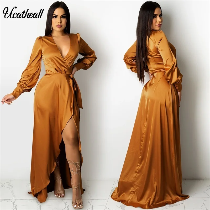 Deep V Neck Ruched Long Satin Dress Full Sleeve Front Split Floor Length Sexy Party Dress Pleated Vestidos