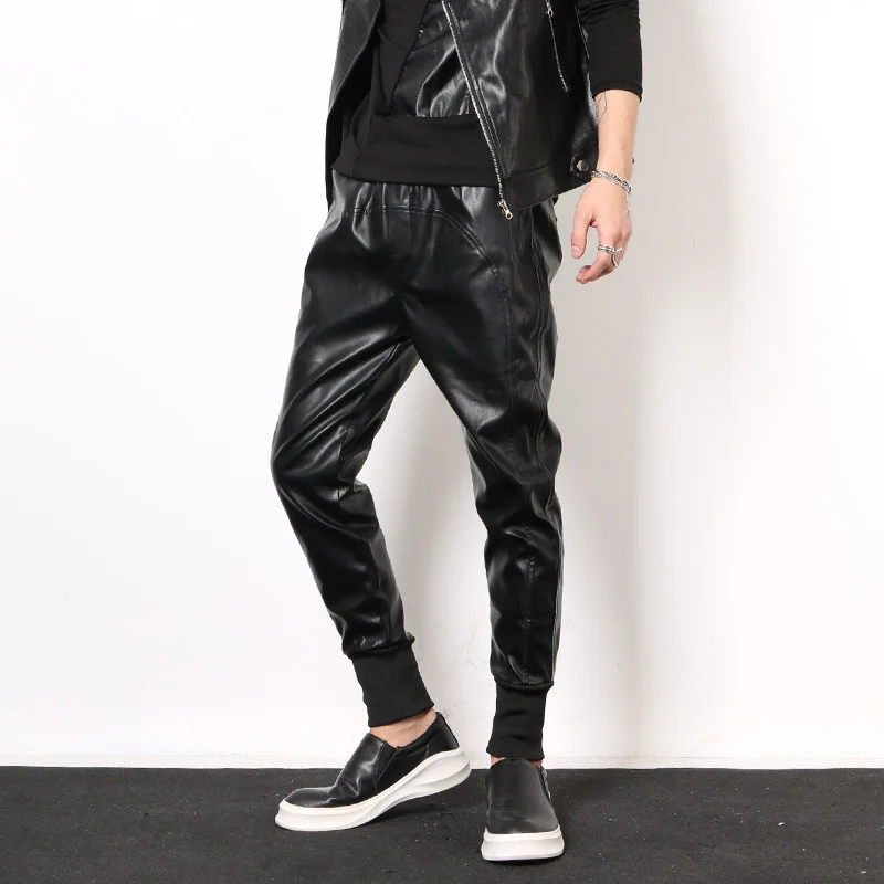 

Winter New Slim Fit Leather Pants Fashion PU Leather Elastic Waist Harem Trousers Streetwear Casual Pencil Pants Plus Size