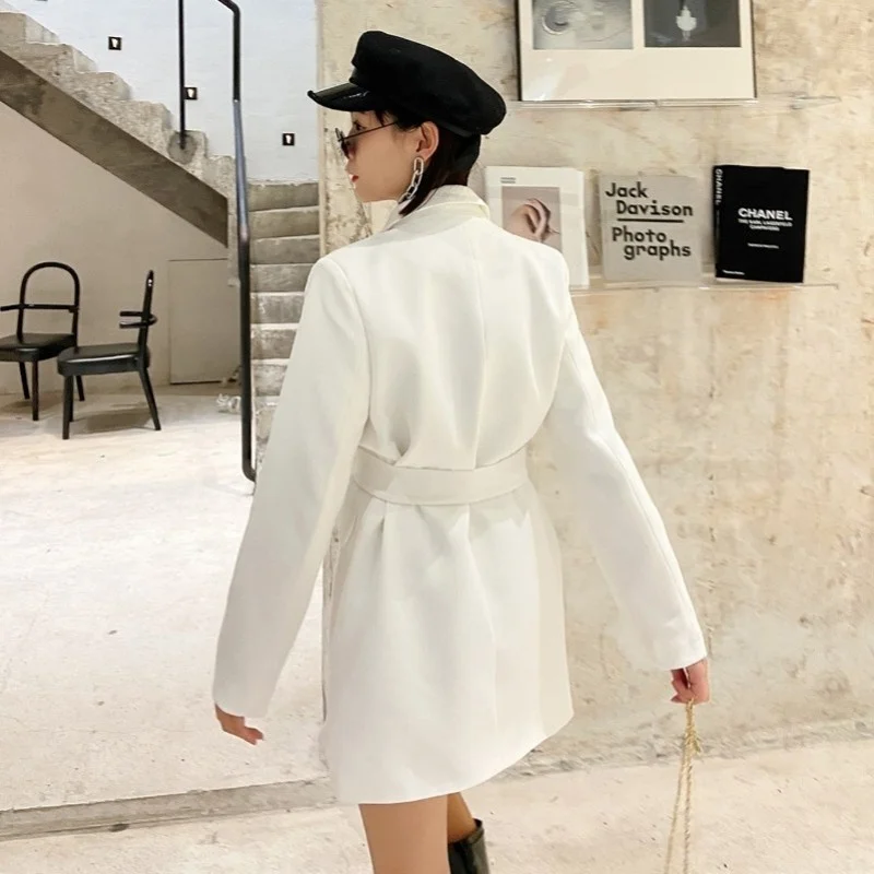 Women Designer Black Blazer Spring Autumn Elegant Single Button Suit Jacket England Style Sashes Office Lady Formal Coat S-L