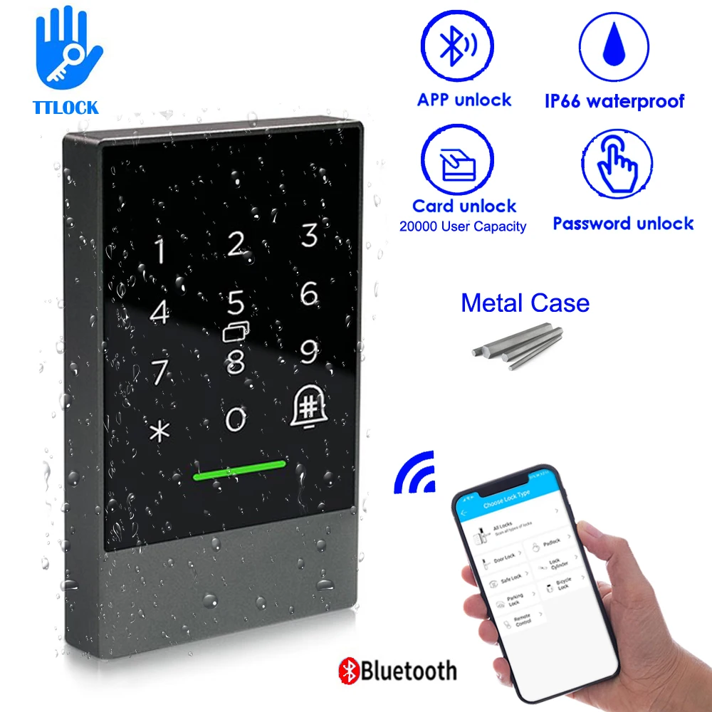 K2 IP66 Waterproof Bluetooth V4.1 TTlock Mobile App Control Door Access Control System 13.56Mhz RFID Card Reader 20000 User