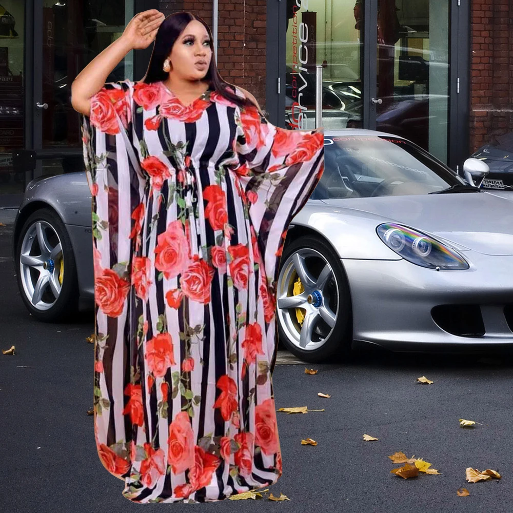 High Quality 2021 Latest Nigerian Clothes V-collar Sexy Batwing Sleeve Maxi Femme Dresses Floral Stripe Vestidos Africa Printing