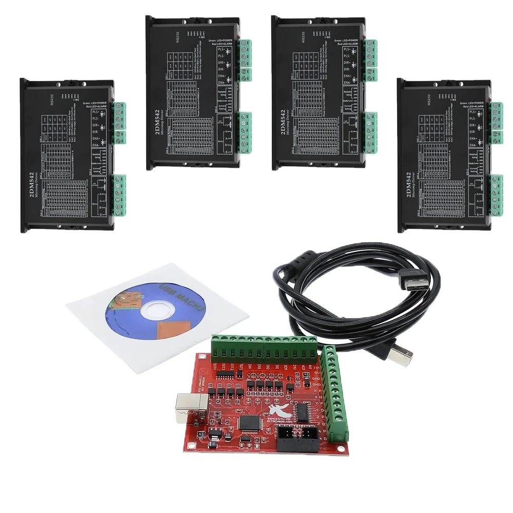 

CNC control system kit, 1*Red Breakout Board USB MACH3 100Khz 4 Axis Interface Driver Motion Controller+4 2DM542