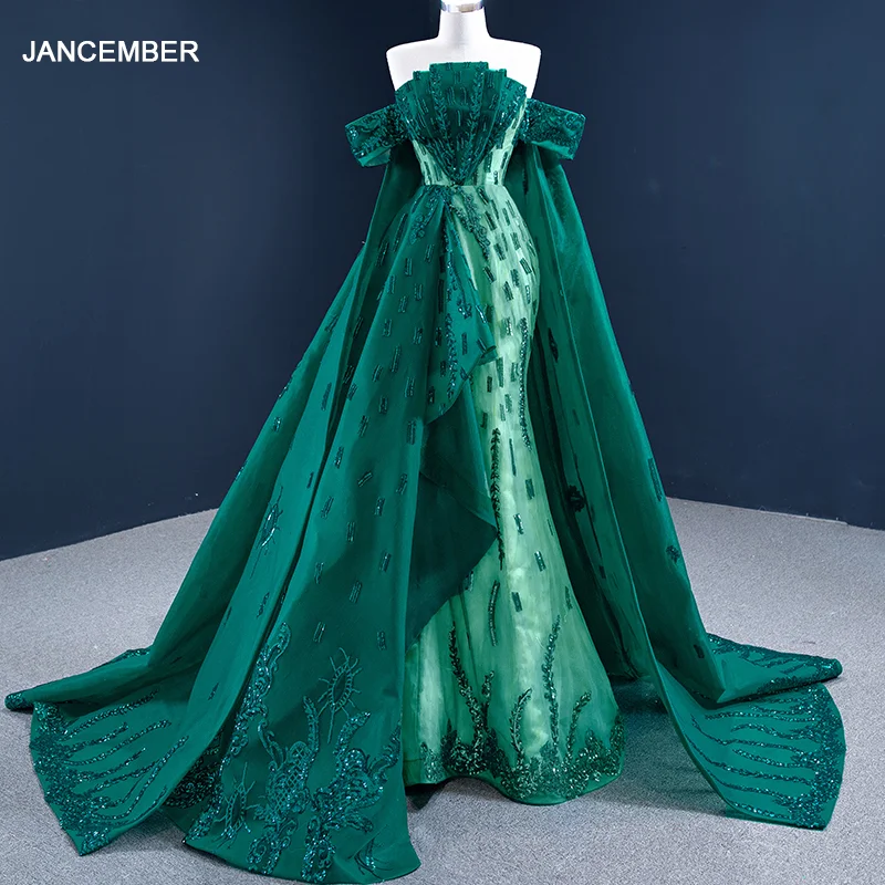 

J67231 JANCEMBER Green Beading Sequined Prom Dress 2021 Appliques Lace Up Back A-Line Strapless With Seeveless