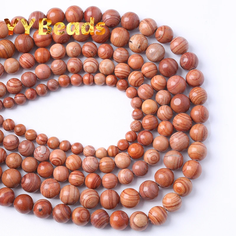 Natural Red Wood Stripes Stone Beads Jaspers Gem Round Smooth Beads For Jewelry Making Charms Bracelets 15\