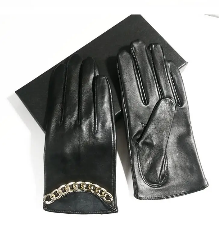 Women's short design chain sheepskin leather gloves female thin genuine leather gloves touch screen black motorcycle glove R417