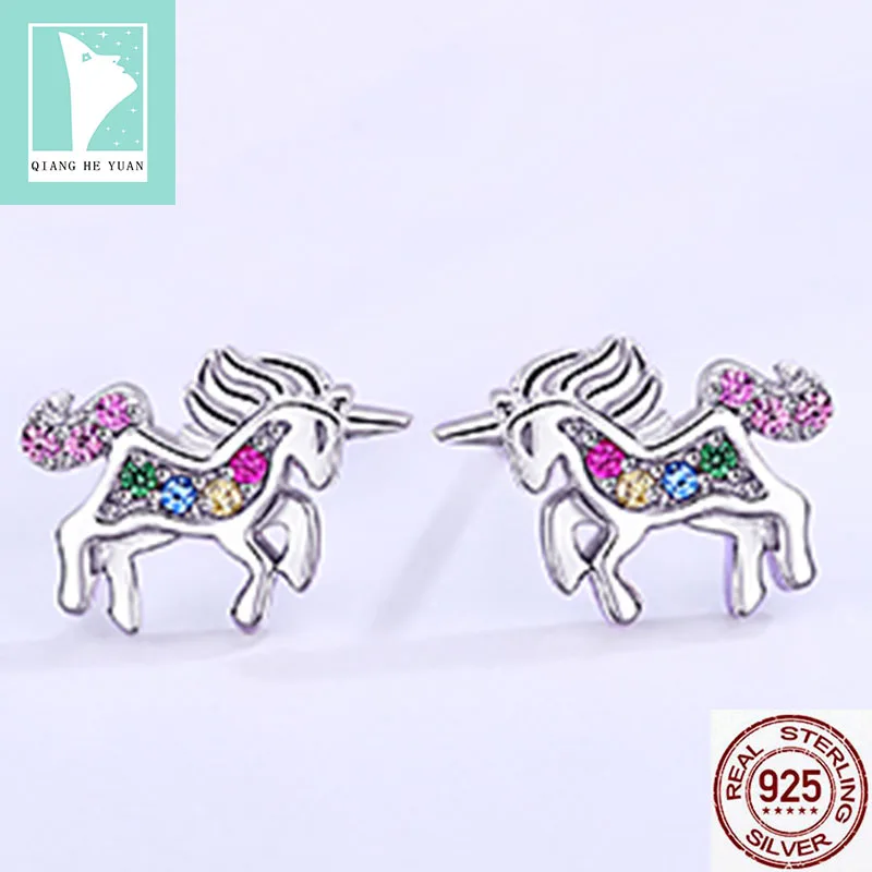 925 silver Unicorn stud Earrings for kids girls chirldren multicolor rhinestones pendientes unicornio aretes unicornio