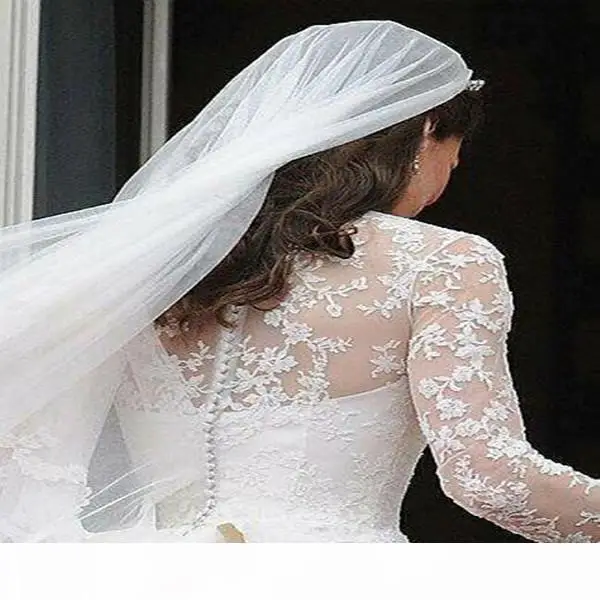 Customized White A Line Wedding Dresses V Neck Sheer Long Sleeve Appliqued Lace Kate Middleton Buttons Back Royal Bridal Gown Sa