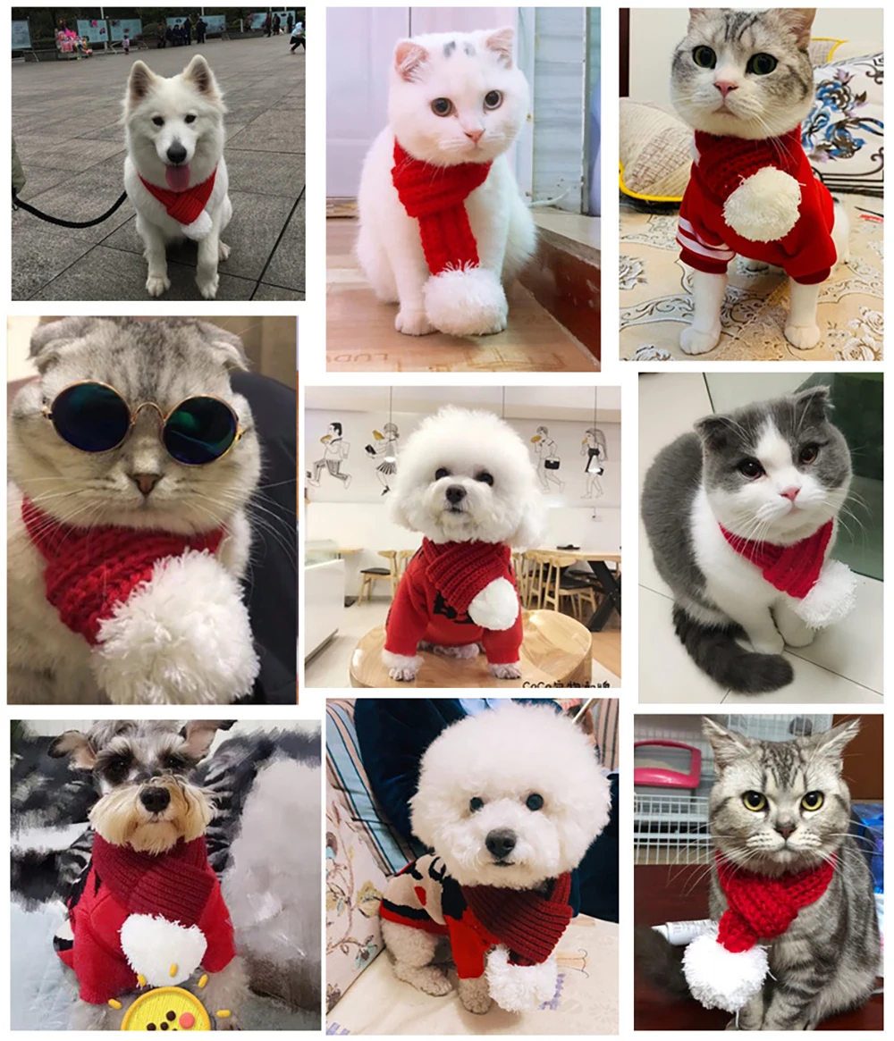 Pet Fashion Christmas Knit Scarf Cat Dog Scarf Accessories Winter Warm Pet Supplies Red Gray Green Qianyi