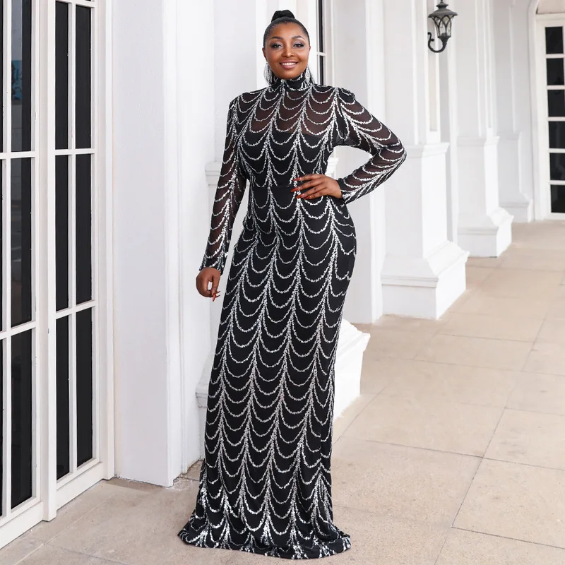 

Plus Size Evening Dresses African Mermaid Long Sleeves Sequins Black Long Turkey Dubai Saudi Arabic Evening Gown Prom Dresses