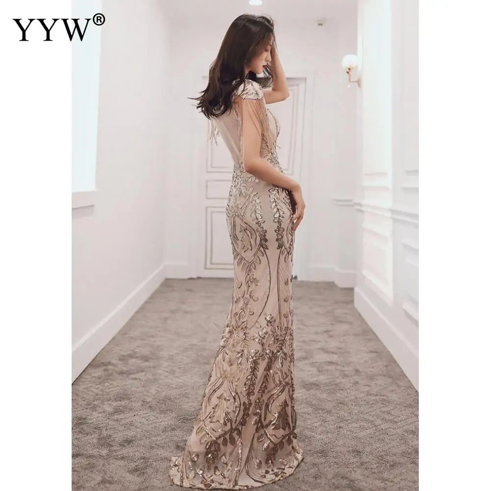 Elegant Mermaid Avondjurk Voor Vrouwen Bloemen Kwasten Lovertjes Party Toga Fashion 2020 Mesh Sexy Gewaad Vrouwen Luxe Formele Kleding