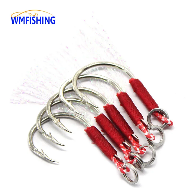 20pcs Assist Hook Barbed Single Hooks Thread Feather Jig Hook High Carbon Steel Short PE Line Assist Fishing Hook Jig Tail Hook