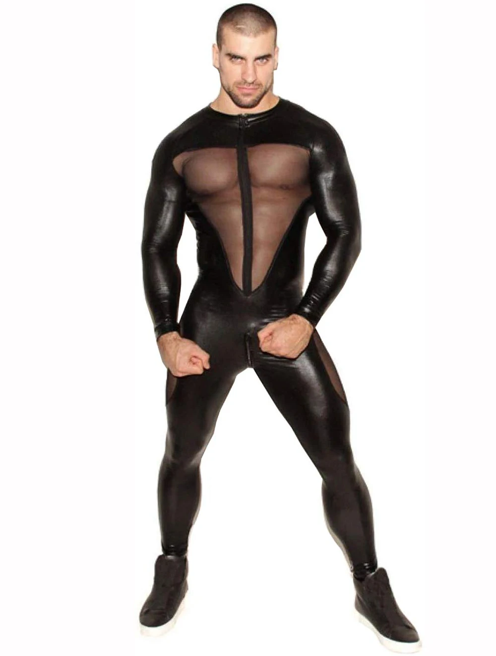 Men's One-Piece Faux Leather Mesh Wrestling Singlet Leotard Bodysuit Jumpsuit Clubwear