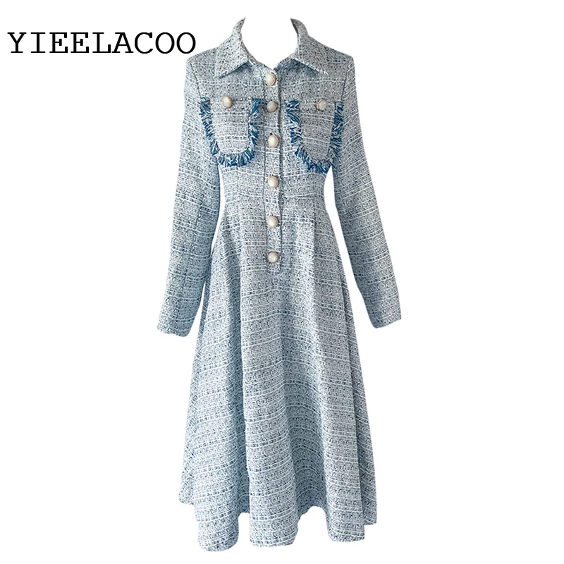 Small fragrance dress long-sleeved women\'s autumn 2021 new style waist a-line retro big swing dress light blue One-piece dress