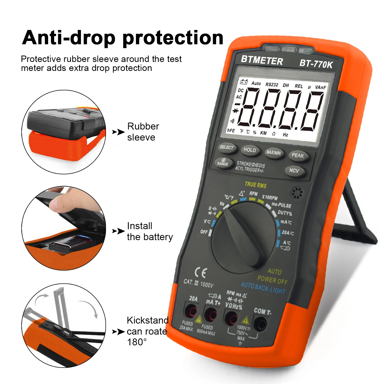770K Digital Multimeter Auto Ranging for Dwell Angle Pulse Width Tach Temperature Duty Cycle Current Voltage Resistance Test