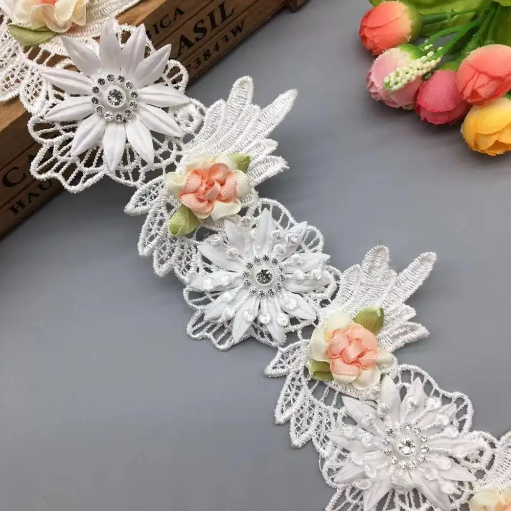 

1 Yard Diamond Pearl Rose Flower Embroidered Lace Trim Ribbon Fabric Sewing Supplies Craft DIY For Costume Dress Hat Decoration