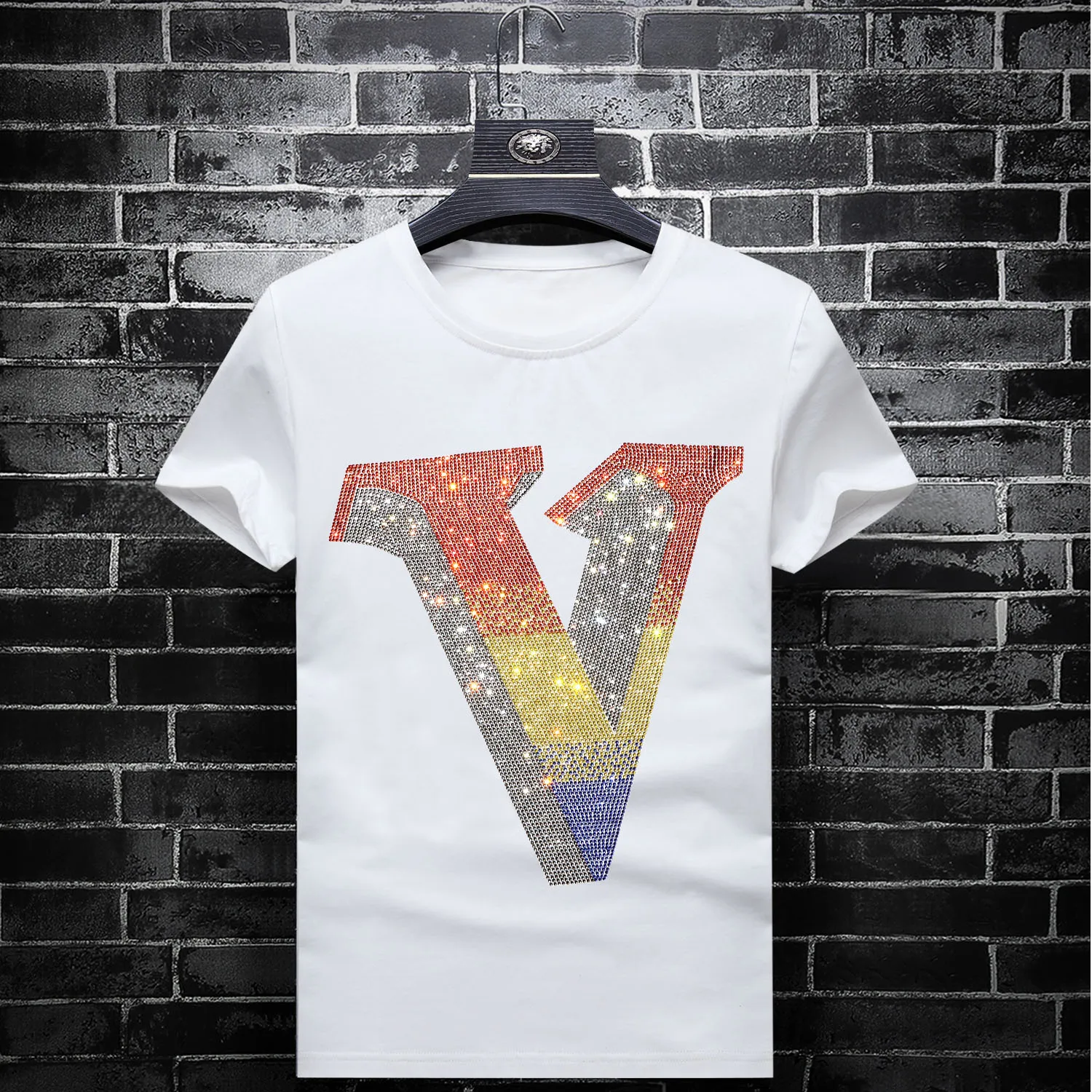 2024 Colorful Rhinestones Letter T Shirts Men Fashion Slim Clothing Streetwear O Neck Short Sleeve Modal Cotton Camisetas Hombre