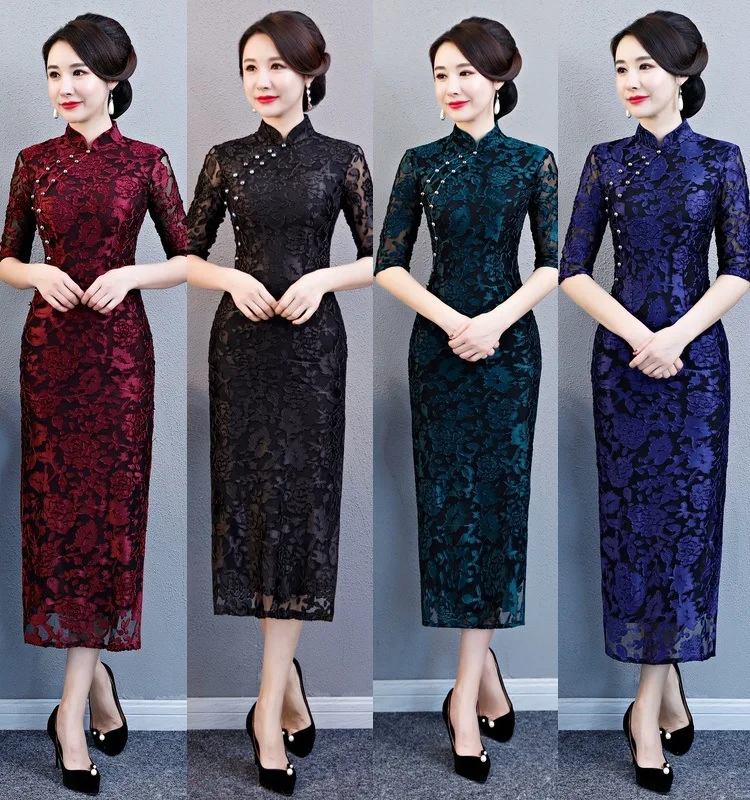 New Cheongsam Autumn And Winter Rotten Flower Velvet Long Qipao Improved Mother Installed Three Quarter Sleeve Qipao Dress 치파오