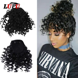 LUPU-flequillo rizado falso sintético para mujer, Clips en postizos, extensiones de cabello de fibra resistente al calor, negro Natural