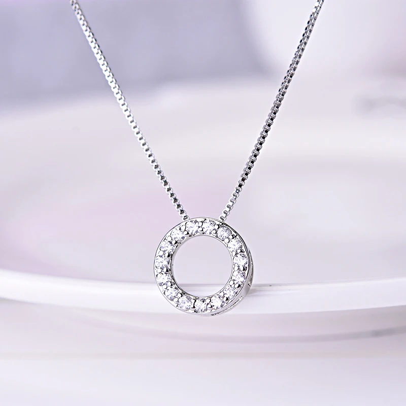 New Fashion 925 Sterling Silver Jewelry Round Zircon Pendants Necklaces Women Fine Semi Rhinestone Circle Clavicle Chain Choker