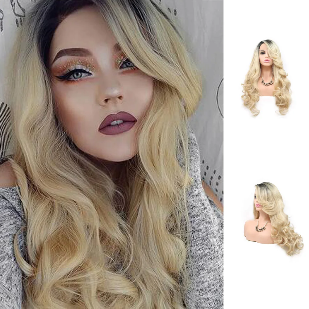 

Ombre Blonde 613 Synthetic Lace Front Wigs Long Wavy Dark Roots Side Part Wigs for Women Heat Resistant Makeup Wigs 24 Inches