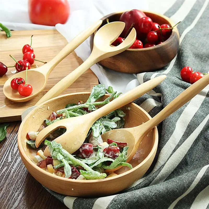 Salad Spoon Fork Serving Utensils Spoons Wooden Tongs Wood Dinner Mixing Set Servers Bamboo Hands Cooking Appetizer Dessert