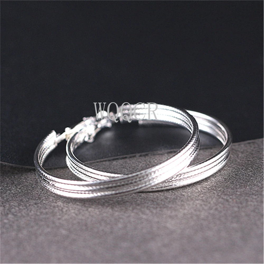 925 Sterling Silver Plated Thick Three-ring Frosted Round 50MM Earrings Classic Fashion Female Engagement Party Earrings Jewelry