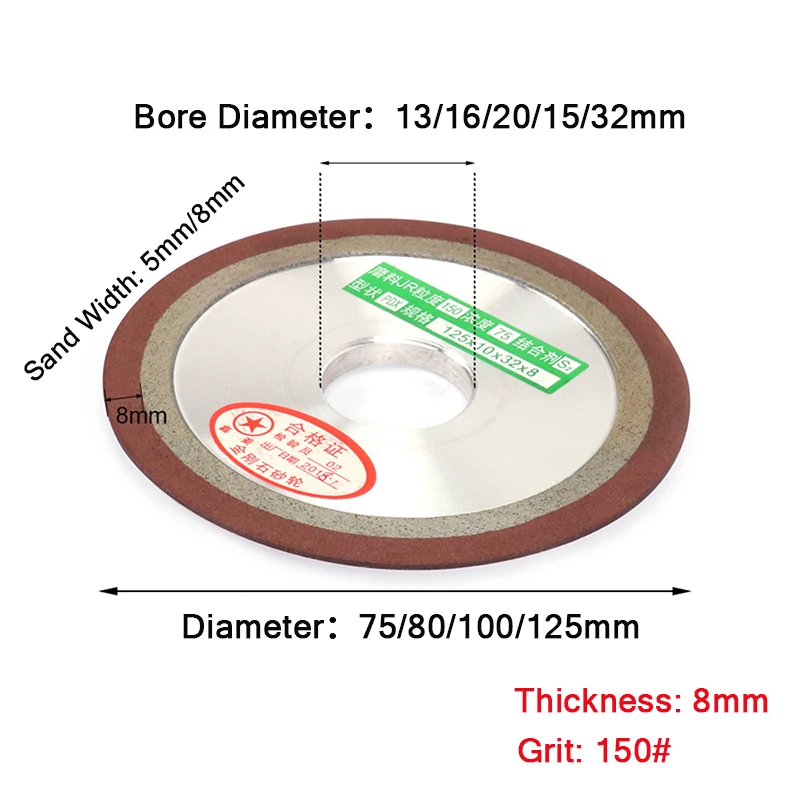 Disco de afilado de diamante para herramienta de fresado de acero de tungsteno, herramienta de carburo de Metal, 75/80/100/125mm, grano 150