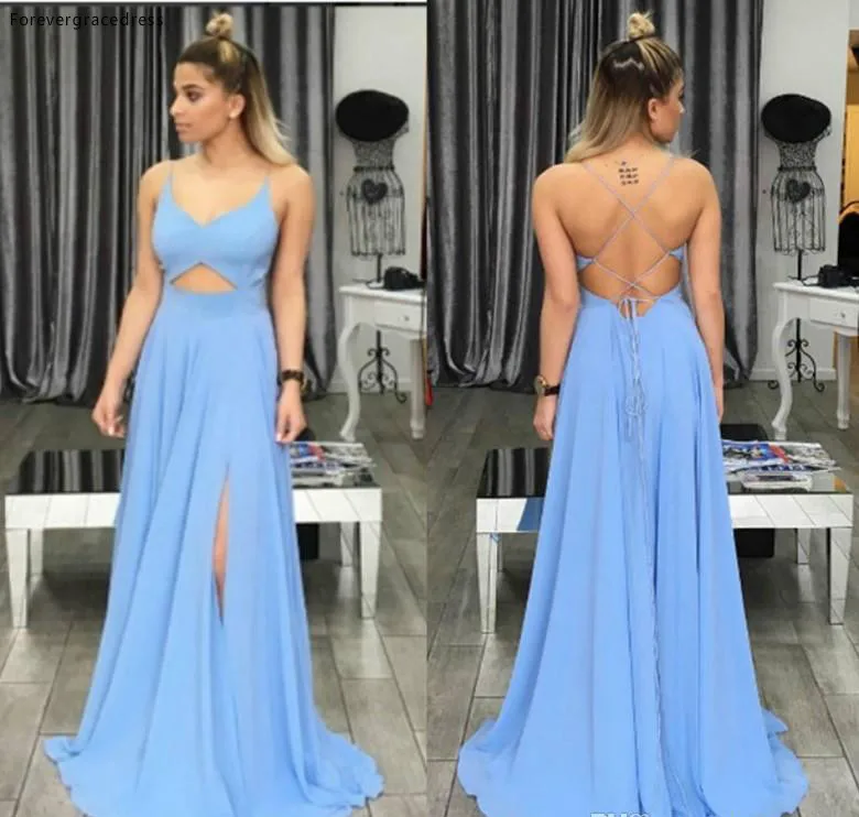 

Ocean Blue Evening Dress Cheap Simple V-neck Chiffon Split Formal Summer Holidays Wear Party Gown Custom Made Plus Size