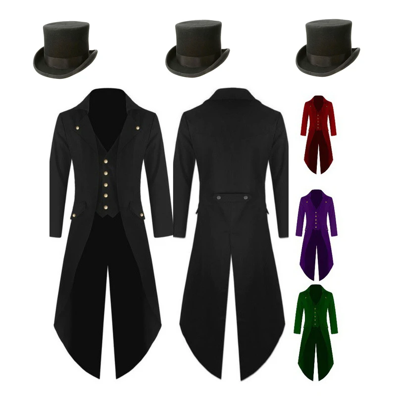 Plus Size 5XL Mens medievale Steampunk Costume Vintage Tailcoat giacca gotico mago Ringmaster cappotto con cappello magico