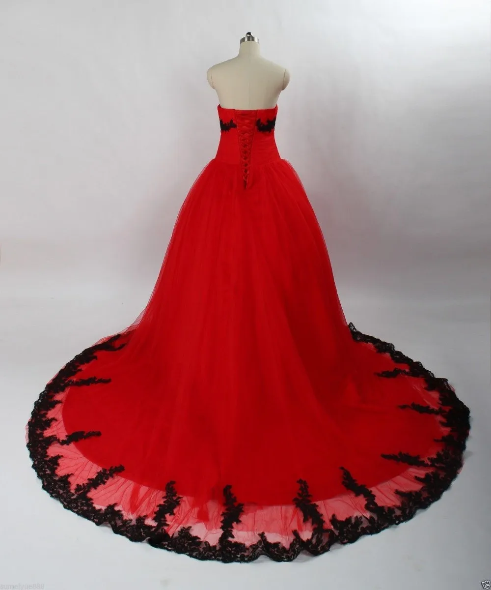 Vintage Zwart En Rood Trouwjurk Sweetheart Hals Gothic Kleurrijke Bruidsjurken Aan Te Passen