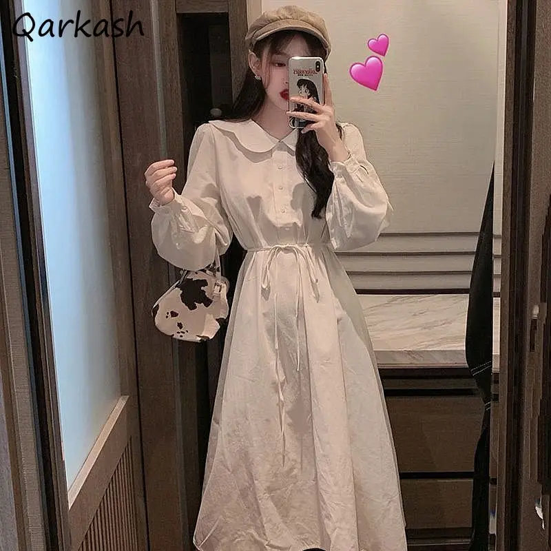 

Long Sleeve Dress Women Button A-line Pure Color Sweet Simple Ladies Spring Leisure Fashion Vestidos Vintage Popular Empire Ins