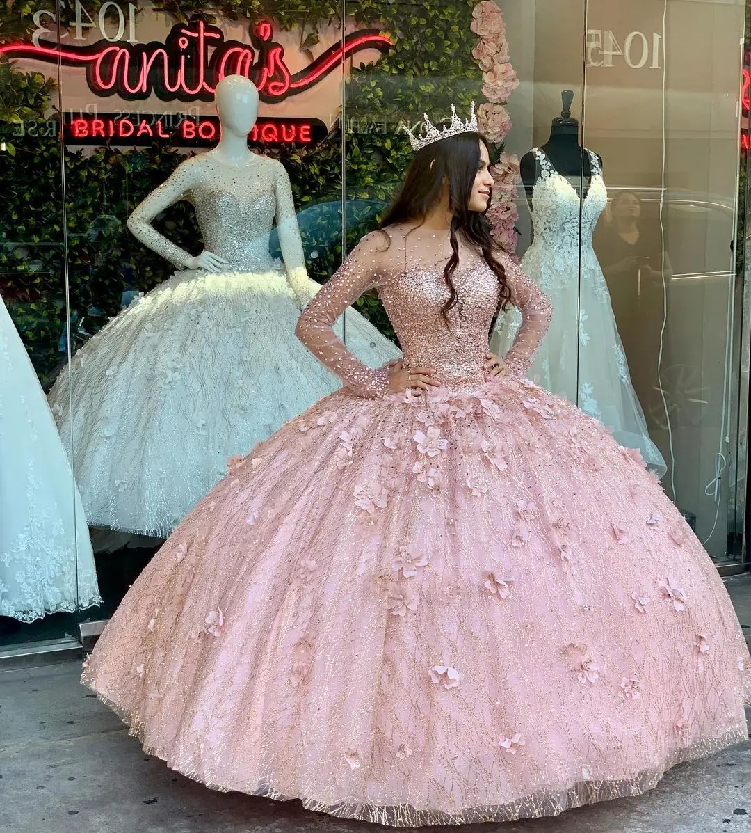 Rose Gold Lange Mouwen Quinceanera Jurken Lovertjes Lace-Up Corset Sweet 16 Dress Prom Jassen Bridal Boutique Vestido De 15 Anos