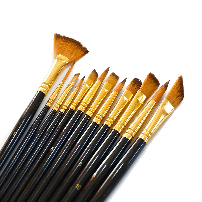 12 Pcs Multi-functional Watercolor Gouache Short Wood Rod Oil Painting Brush Set Art Tool Two-tone Nylon Hair Acrylic Materials