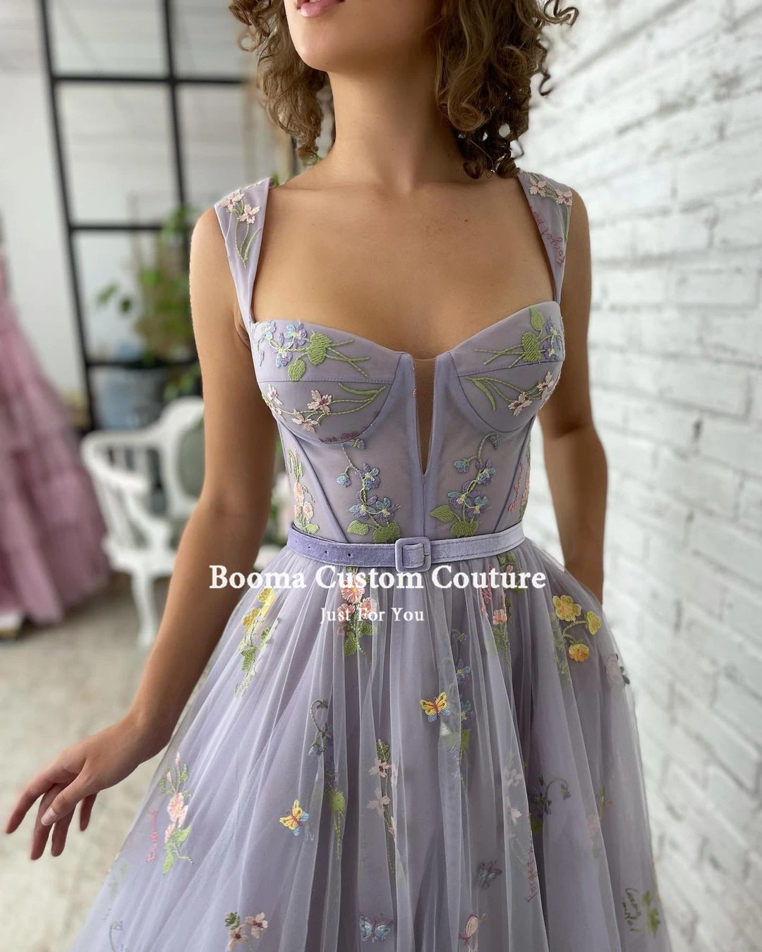 Booma Lavendel Borduren Lace Midi Prom Jurken Sweetheart Tea-Lengte Tulle Wedding Party Jurken 2023 A-lijn Formele Gowns