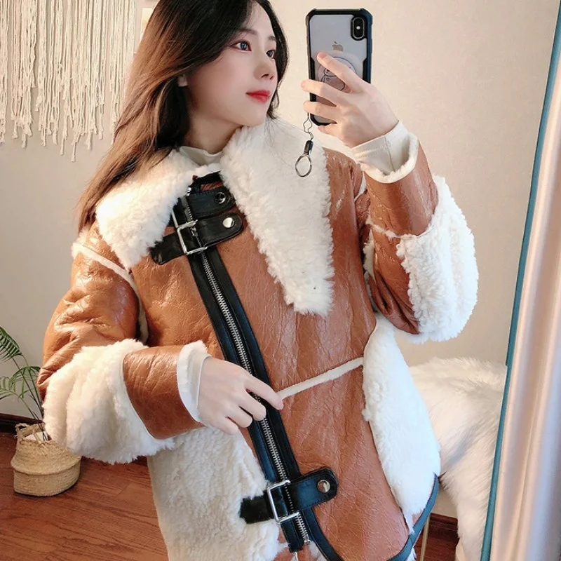 Real Shearling Fur Jacket Women Thick Warm Winter Wool Lining Coat Leather Patchwork Motorcycle Jacket Natural Sheep Fur Jackets