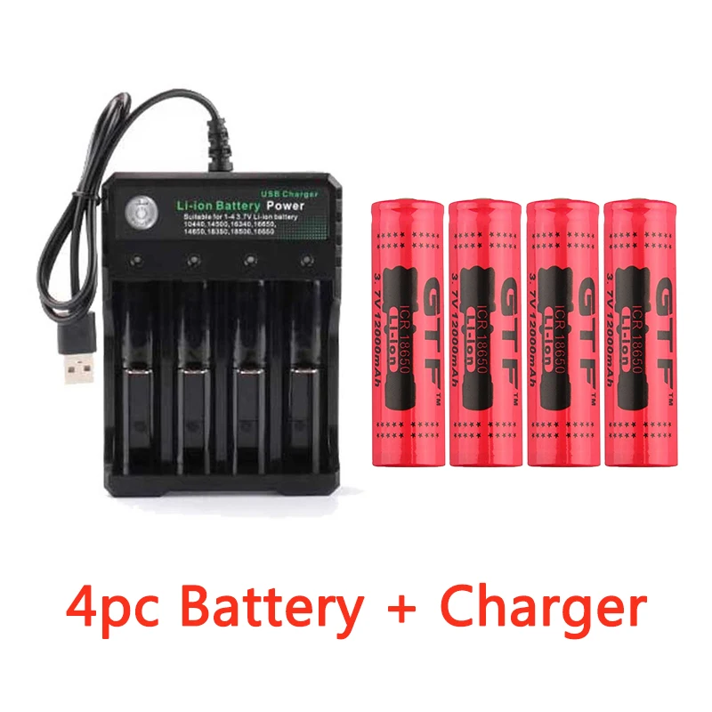 GTF 3.7V 18650 12000mAh Rechargeable Battery 2/4/8pcs Battery + 4 Slots 3.7V 18650 USB charger