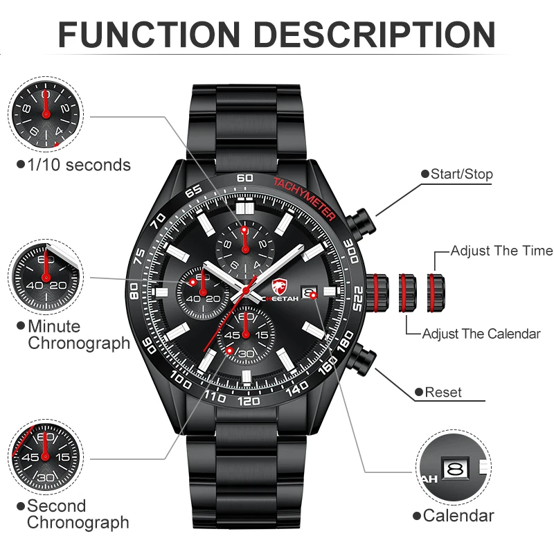 CHEETAH New Watch for Men Waterproof Stainless Steel Quartz Mens Watches Luminous Big Dial Sport Chronograph Watches Male Clock