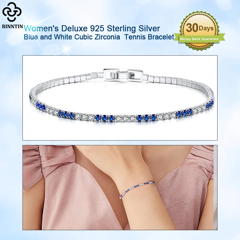 Rinntin Women\'s Deluxe Tennis Bracelet 925 Sterling Silver 2.0mm Blue and Clear Cubic Zirconia 6.5 - 7.5 Inch Jewelry SB117